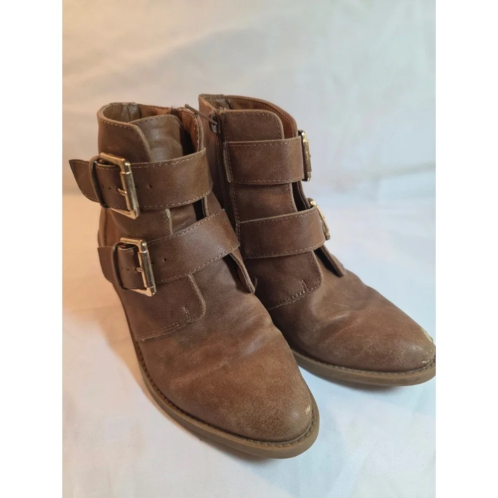Justice Girls Tan Brown Double Buckle Side Zip Ankle Boots Size 2 in girls